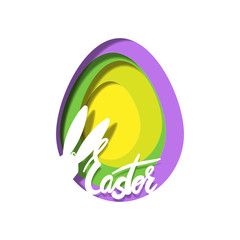 Silhouette rabbit's ears and text Easter on layered background of colorful eggs. Easter's theme in paper cut style.