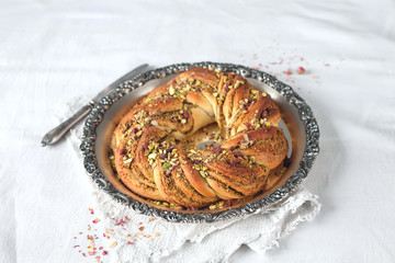 Wreath Bread on a vintage tray with pistachio filling