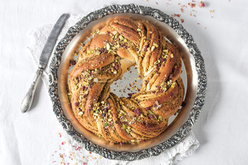 Wreath Bread on a vintage tray with pistachio filling