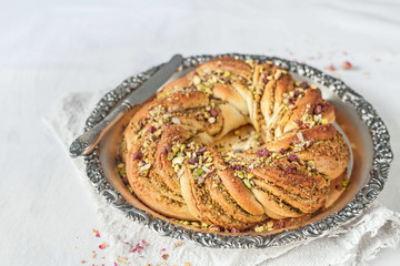 Wreath Bread on a vintage tray with pistachio filling