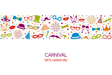 Carnival - let's celebrate. Banner with colurful decorations. Vector.
