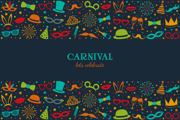 Carnival - let's celebrate. Banner with colurful decorations. Vector.