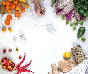 Shopping fresh healthy vegetables, fruits, herbs, bread