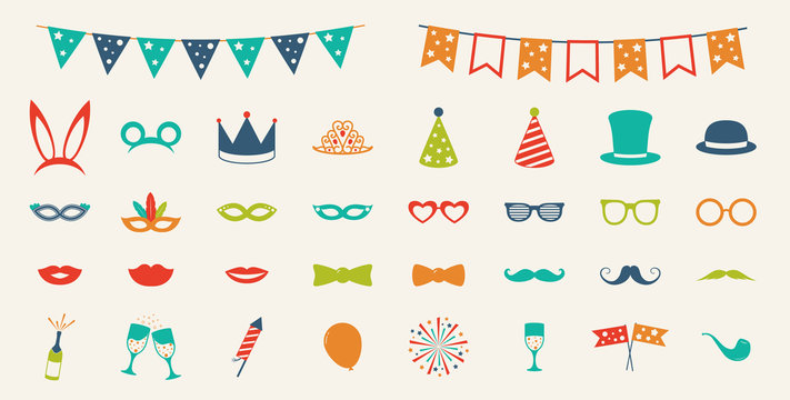 Party icons collection. Carnival, photo booth and birthday. Vector.
