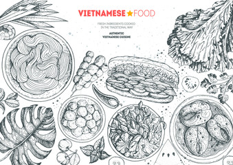Vietnamese food top view frame. A set of vietnamese dishes . Food menu design template. Hand drawn sketch vector illustration. Engraved style.