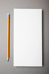 Empty Dl flyer paper with pencil on grey background.