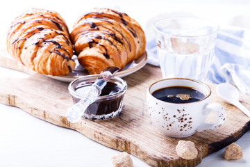 Croissant with Chocolate Espresso Glass of Water Tradition Zatraq Morning Baking Sweet Dessert
