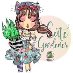 Cute gardener little girl with green flower, fashion girl with close eyes, kitty hat and cherry dress, cartoon character, hand drawn vector illustration
