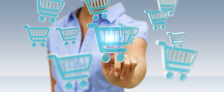 Businesswoman using digital shopping icons 3D rendering