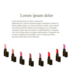 Background with different colors lipstick tube half a little below, Lorem ipsum on white. Decorative cosmetic stock vector illustration