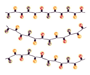 Set of multi-colored garlands for party lighting. Glowing twinkling light bulbs. Festive illumination