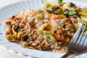Naklejka premium Vetegables Gratin with Minced Meat, Cheese and served with Salad