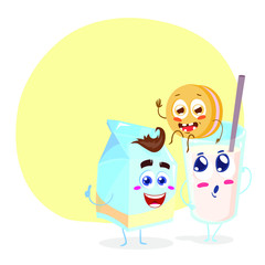 Funny family of milk, cookie and glass of milk with tube. Vector illustration isolated on white background with place for text.
