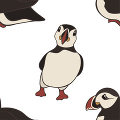 Vector seamless pattern with hand drawn atlantic puffins isolated on white background. Funny puffin character, beautiful design elements. Cute cartoon Icelandic puffin bird. Design for print or web.