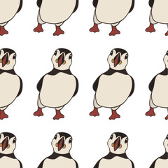 Vector seamless pattern with hand drawn atlantic puffins isolated on white background. Funny puffin character, beautiful design elements. Cute cartoon Icelandic puffin bird. Design for print or web.