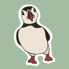 Puffin bird vector image isolated on white background. Cartoon Icelandic puffin. Cute Iceland bird. Puffin strolls front view. Wildlife in minimal style. Black and white bird with multicolored beak. 