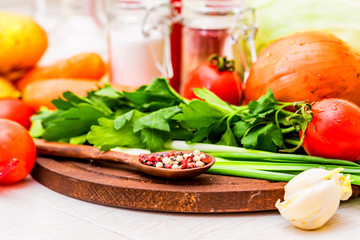Ingredients for cooking borscht, Russian beet soup