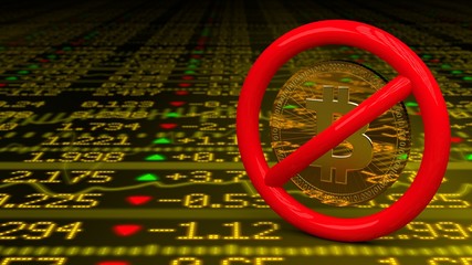 Prohibitive sign with a bitcoin inside on a stockwall floor