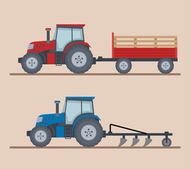 Obraz na płótnie Canvas Two farm tractors isolated on beige background. Heavy agricultural machinery for field work. Flat style, vector illustration. 