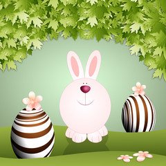 Funny bunny with chocolate eggs