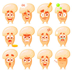 Mushrooms characters set with many different emotions. Vector illustration isolated on white background. Cute, funny and happy mushroom set character. Vegetables vector illustration