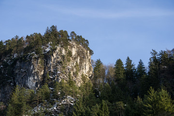 A forest covered cliff in the Austrian Alps in winter