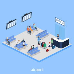 Obraz premium Isometric 3D vector illustration people at the airport with luggage and waiting for the plane