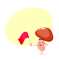 Funny character of mushroom with flag in hand. Vector illustration isolated on white background with place for text