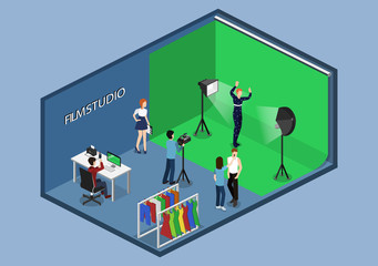 Naklejka premium Movie set, photoshoot with staff and actors isometric 3D vector illustration