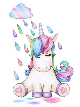  Cute sitting unicorn cartoon and raining, isolated on white.
