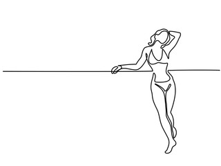 Continuous line drawing. Happy sunbathing woman stretching. Vector illustration