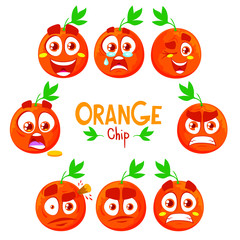 Orange set of funny smiles. Fruit and food collection. Vector cartoon illustration. Cute stylish characters.