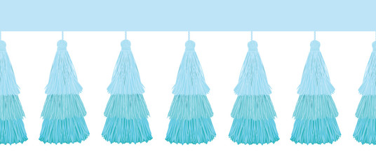 Vector Fun Blue Layered Decorative Tassels Set Horizontal Seamless Repeat Border Pattern. Great for handmade cards, invitations, wallpaper, packaging, nursery designs.