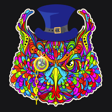 Ornament set of face of fashion owl with hat and gold monocle, vector illustration isolated on dark background, line art style