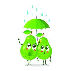 Two characters of pear with umbrella. Rain and lightning. Vector illustration isolated on white background. Cartoon style
