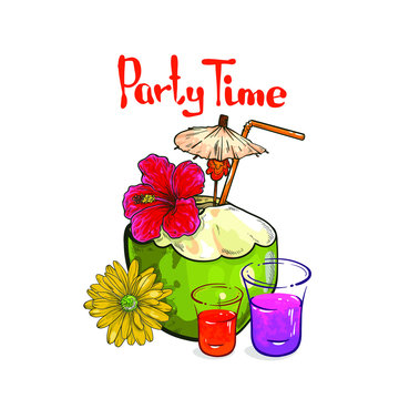 Cocktail and shots with beautiful flowers. It's party time lettering. Vector illustration. Design element for cards, t-shirts and tags
