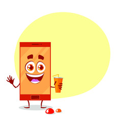 Happy funny character of phone with cup of cola. Isolated on white background. Vector illustration with place for text.
