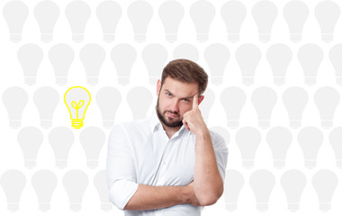 Business man having an bright idea light bulb concept.