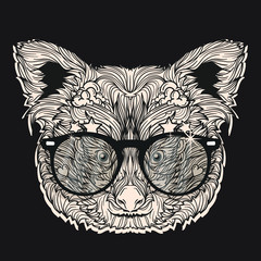 Vector ornament face of red panda with fashion eyeglasses. Isolated on dark background.