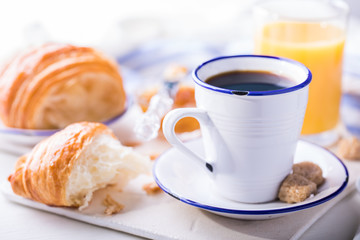 Croissant with Jam Espresso Coffee and a glass of Orange Juice Tradition of the Sunset Morning Baking Sweet Dessert