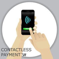 Hand holding smartphone with wifi logo. Finger pressing the button pay. Contactless payment.