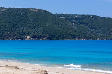 Panoramic view of Girapetra Beach with blue waters, Lefkada, Ionian Islands, Greece
