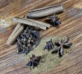 Spices of cinnamon, cloves and star anise