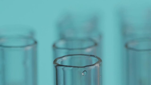 Close up of laboratory scientist working with a pipette analyzes and extract the DNA or molecules in the test tubes.on blue background