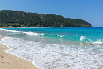Panoramic view of Girapetra Beach with blue waters, Lefkada, Ionian Islands, Greece