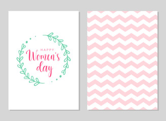 Fototapeta premium Happy women's day template cards set. Vector greeting card with green floral branch and pink text. Pattern with pink stripes. 8 March collection