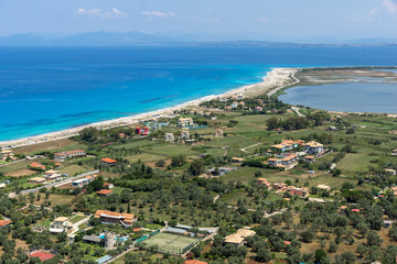 Fototapeta na wymiar Panoramic view of Agios Ioanis beach with blue waters, Lefkada, Ionian Islands, Greece