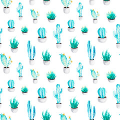 Succulent plants in flower pot. Cactus pattern of watercolor elements for design. Scandinavian style