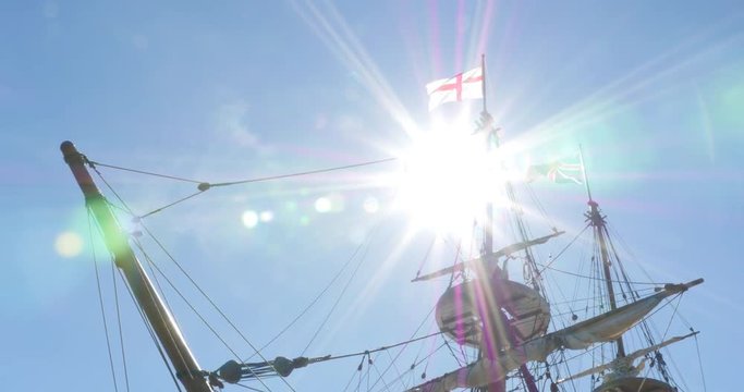 Colonial Ships Arrival to the New World English Flag Sun Flare, 4K