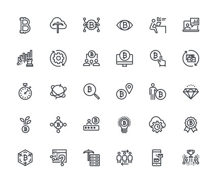 Set of thin line cryptocurrency icons. Premium quality outline symbol collection of blockchain technology, bitcoin, altcoins, mining, finance, digital money market, cryptocoin wallet, stock exchange.